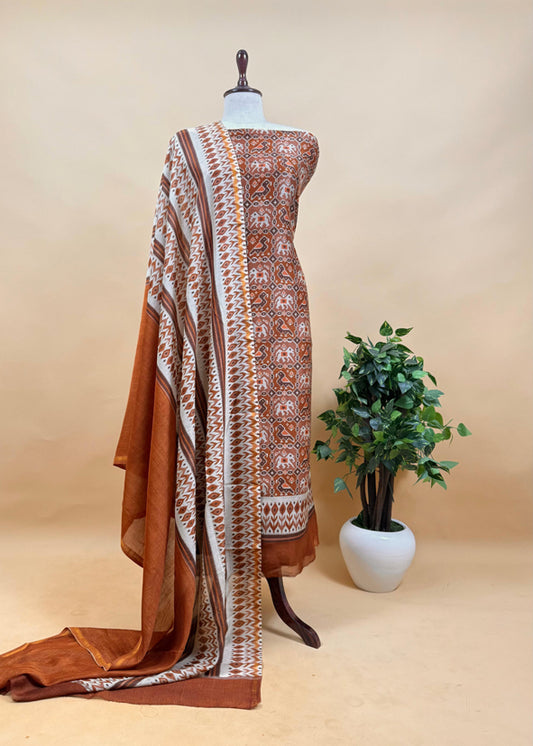 Yellow Pure Maheshwari Silk Suit Fabric With Patola And Ikkat Print