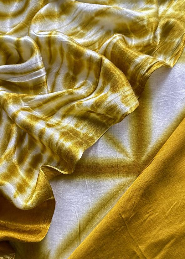 Goldenrod Hand-Dyed Shibori Print Pure Gajji Silk Suit With Zari Border
