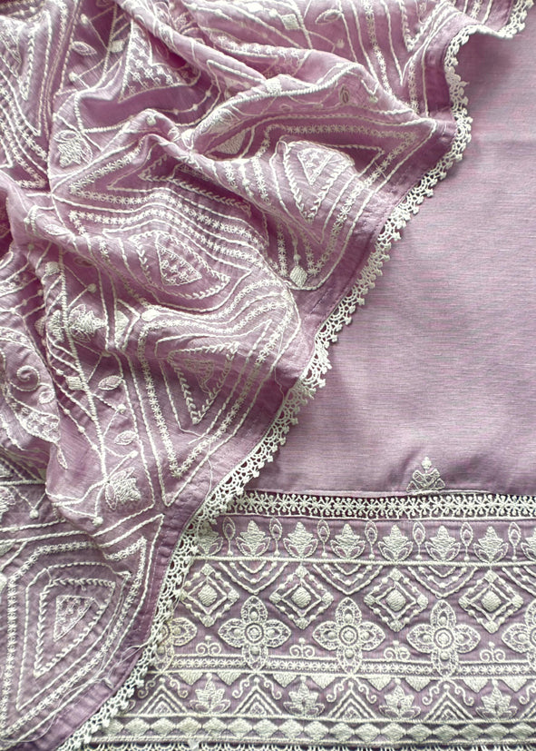 Lavender Linen Suit With Chikankari Embroidered Dupatta