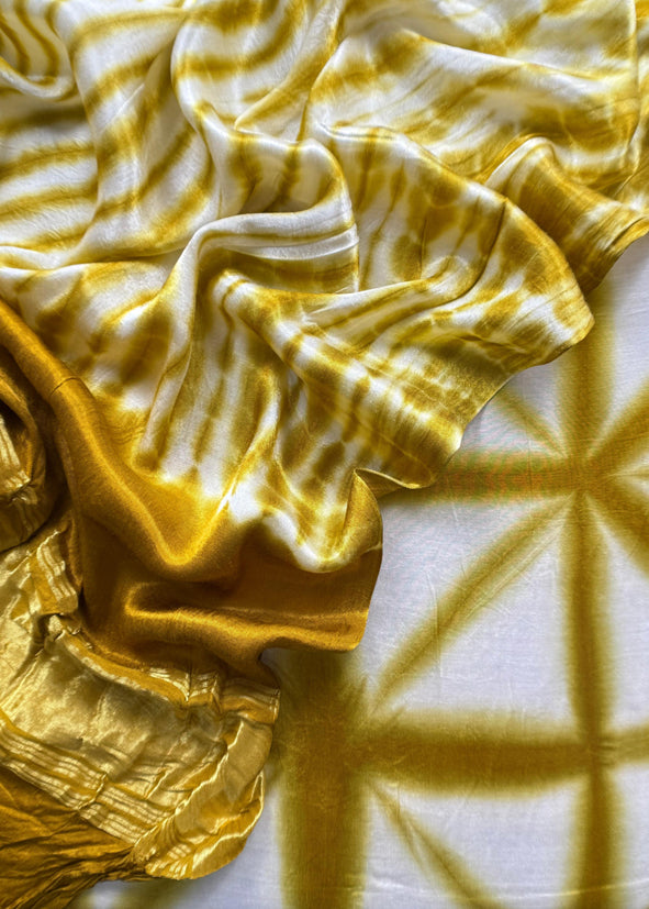 Goldenrod Hand-Dyed Shibori Print Pure Gajji Silk Suit With Zari Border
