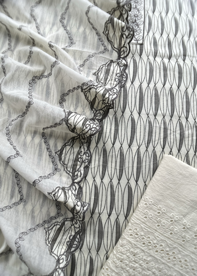 Off-White Block Printed Unstitched Embroidered Suit.