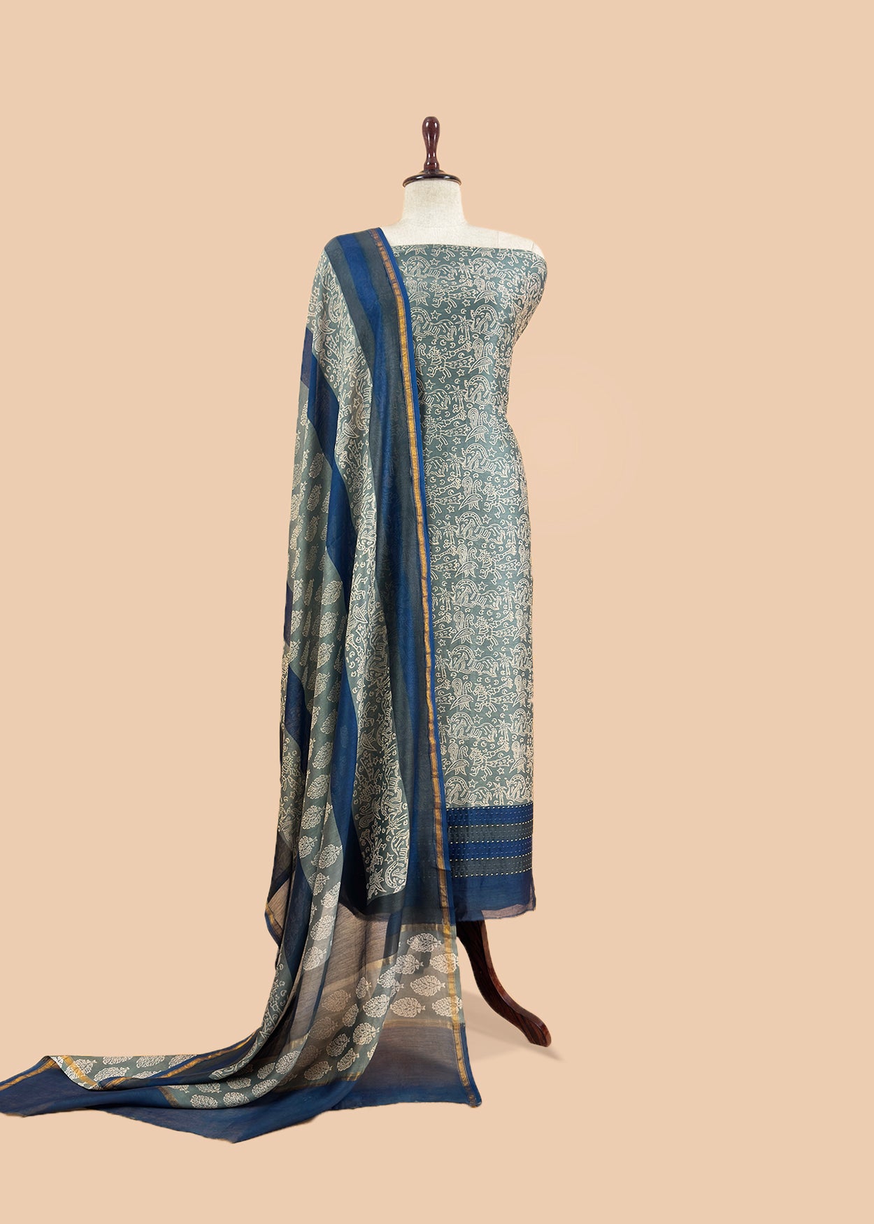 Grey Pure Maheshwari Silk Suit With Dupatta