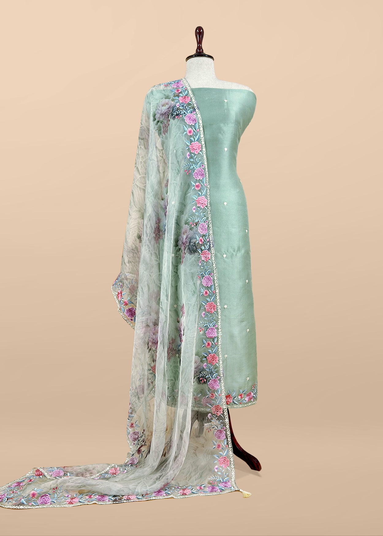 Sage Green Pure Handwoven Organza Silk Suit With Resham Embroidery