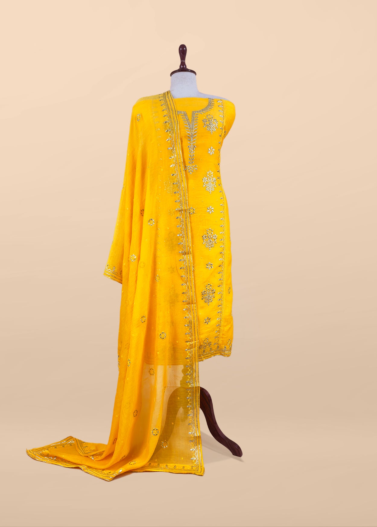 Red Handloom Mul Chanderi Suit With Gold Pitta Hand Work And Embroidery