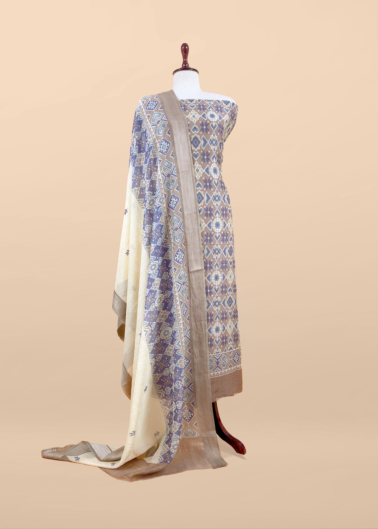 Orange With Red Handloom Patola Unstitched Suit In Mulmul