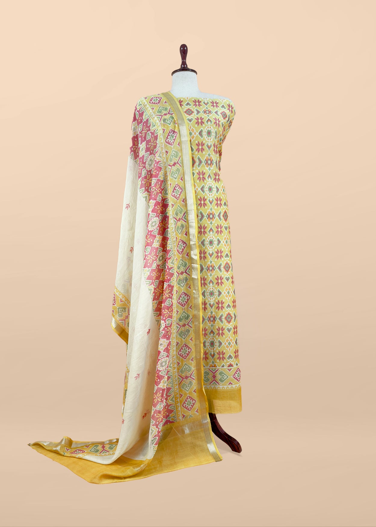 Soft Brown With Blue Handloom Patola Unstitched Suit In Mulmul
