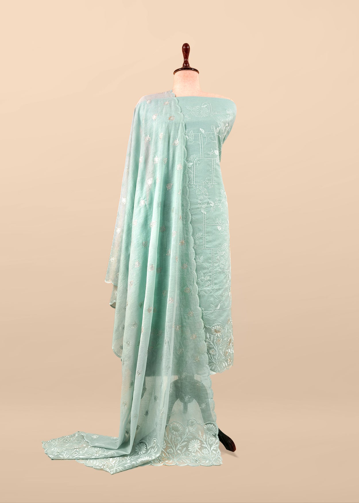 Grey Pure Mulmul Suit Fabric With Floral Resham Embroidery