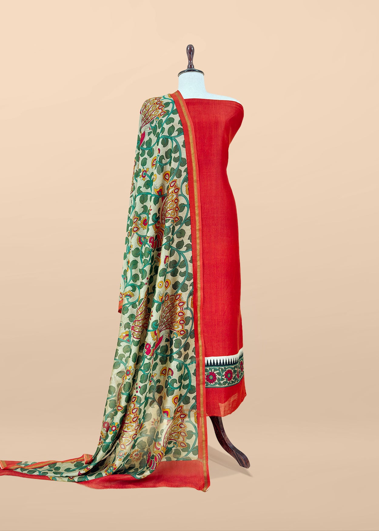 Green Pure Maheshwari Unstitched Suits With Kalamkari Dupatta