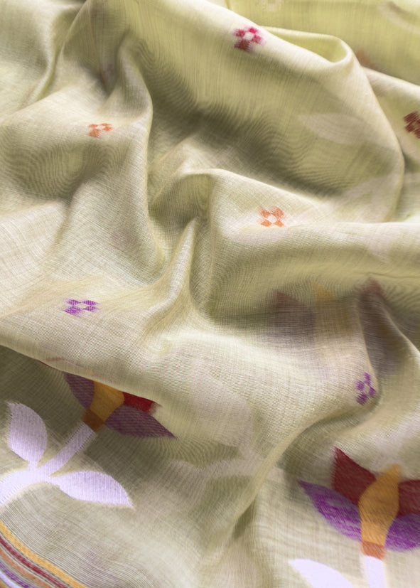 Pickle Green Chidiya Jamdani Suit In Linen Chanderi Fabric