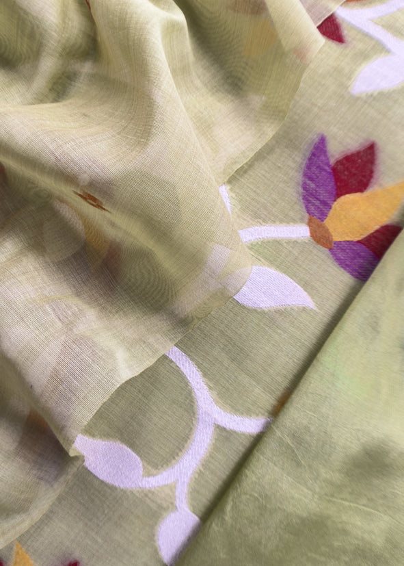 Pickle Green Chidiya Jamdani Suit In Linen Chanderi Fabric