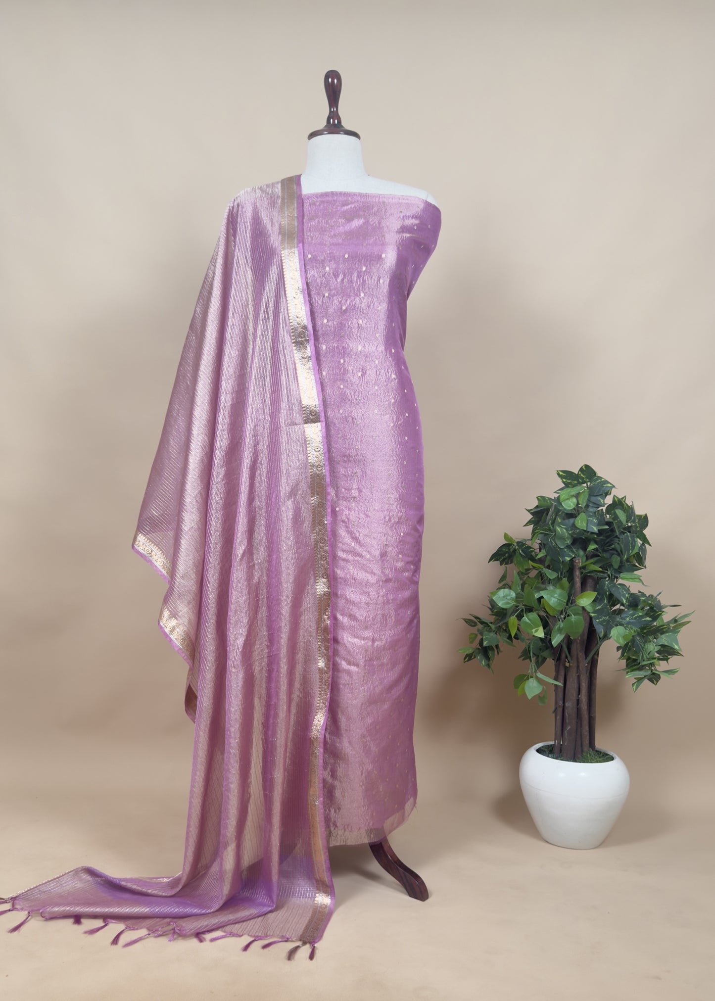 Purple Tissue Silk Suit Embraced With Gold Weaving