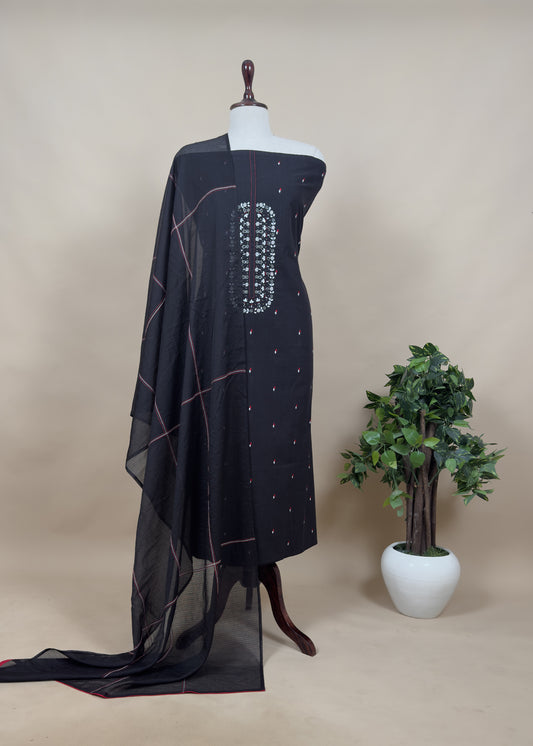 Black Pure Cotton Kurta With Handwork And Kota Dupatta