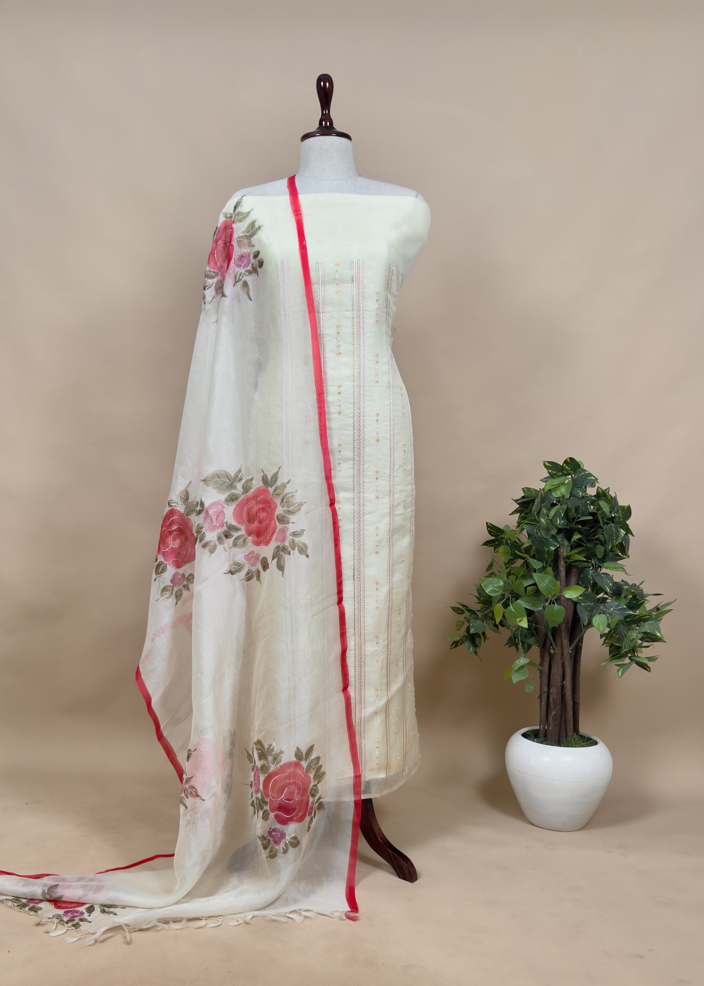 Shell White Pure Organza Embroidered Kurta With Hand painted Dupatta