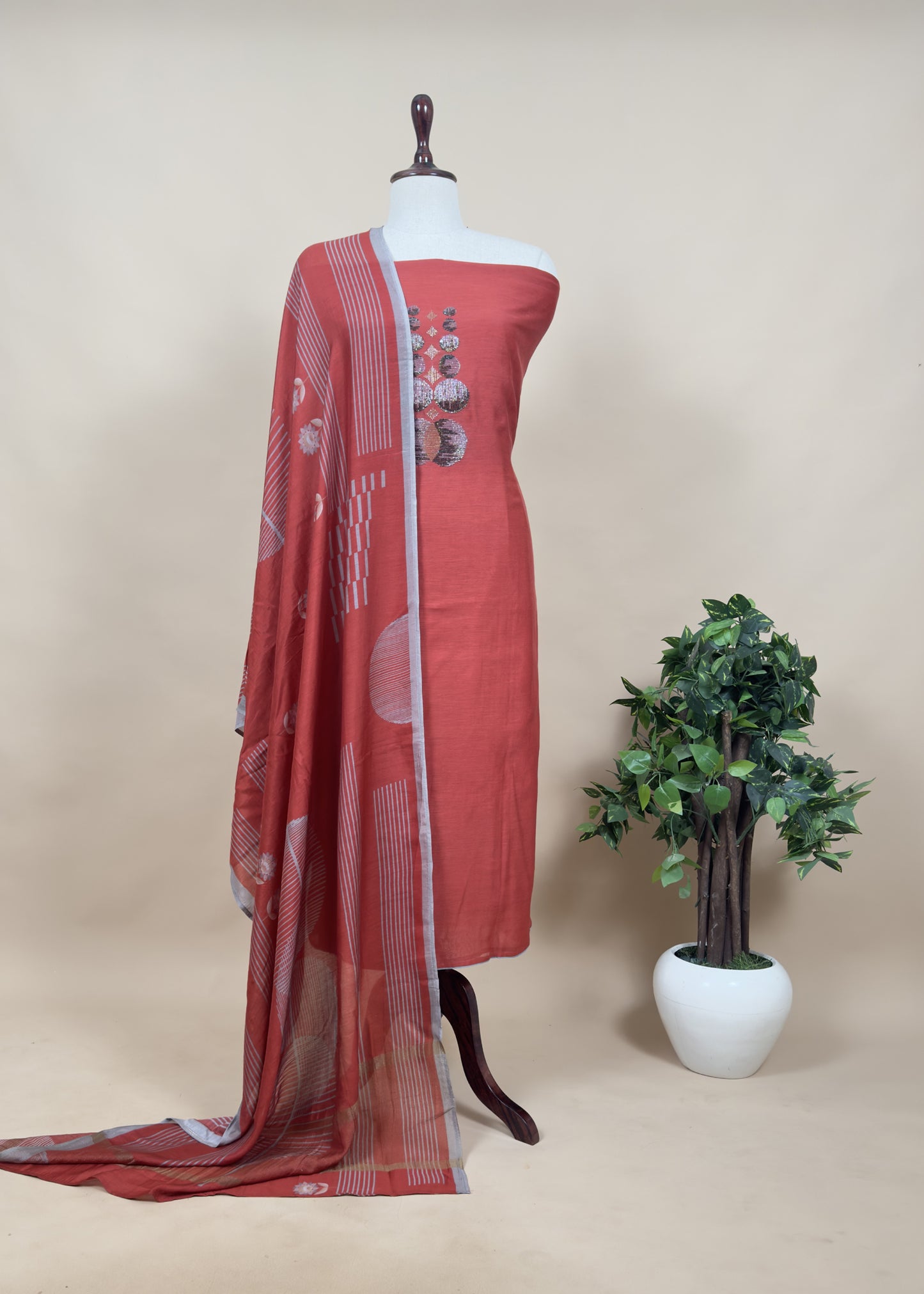 Gray Mul cotton Unstitched Suit With Sequin Embroidery And Abstract Print Dupatta