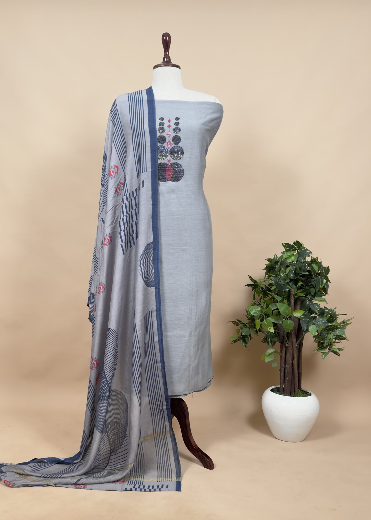Maroon Mul cotton Unstitched Suit With Sequin Embroidery And Abstract Print Dupatta