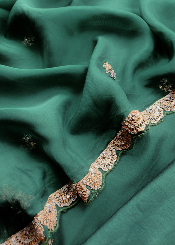 Green Handloom Dupion Silk Suit With Zardosi Handwork