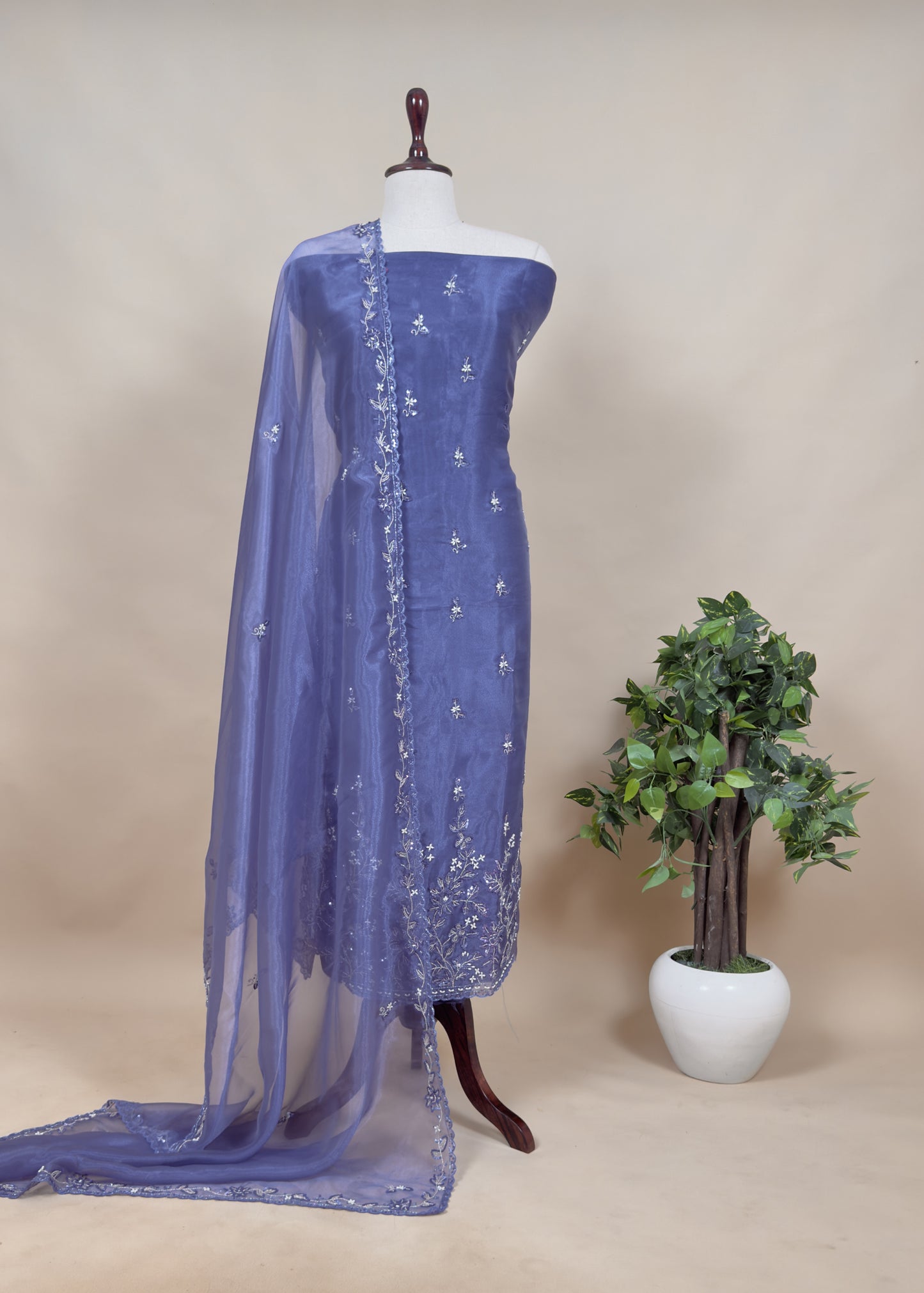 Blue purple Glass Tissue Three-piece Wedding Suit fabric with Hand work