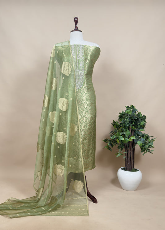 Green Banarasi Silk Brocade Suit With Organza Dupatta