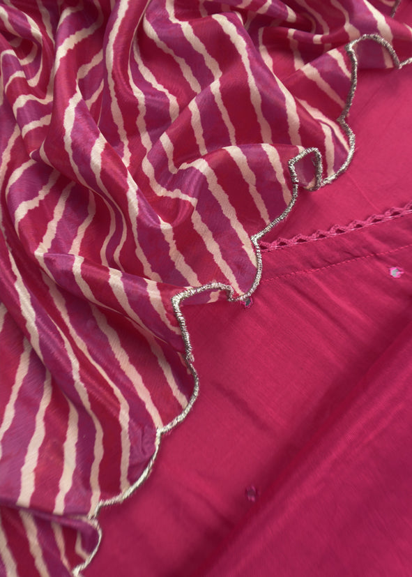 Pink Mul Chanderi Unstitched Suit With Lehariya Dupatta