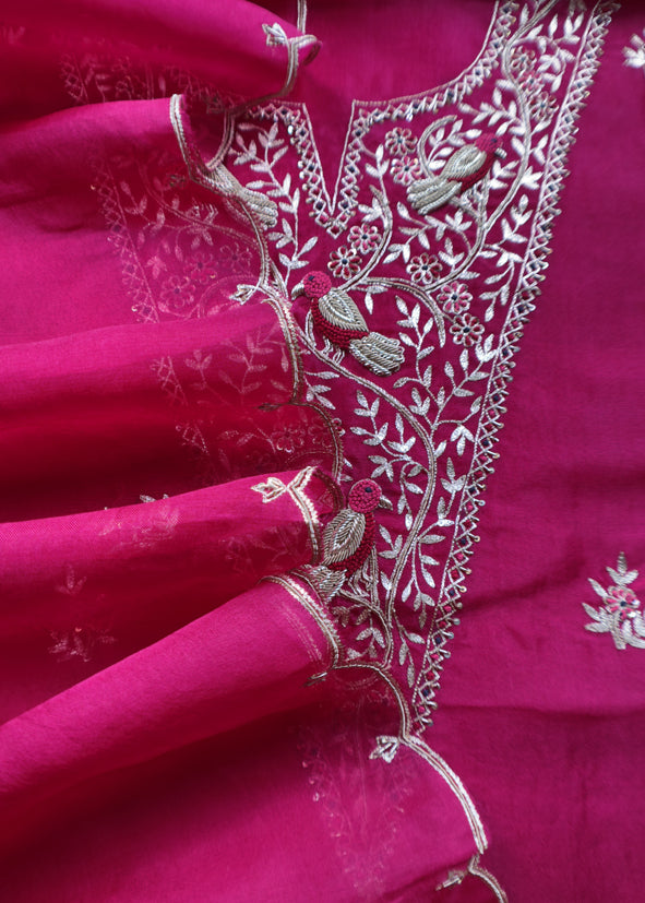 Mexican Pink Chidiya Organza Silk Suit Fabric With Dori, Dabka Hand Embroidery