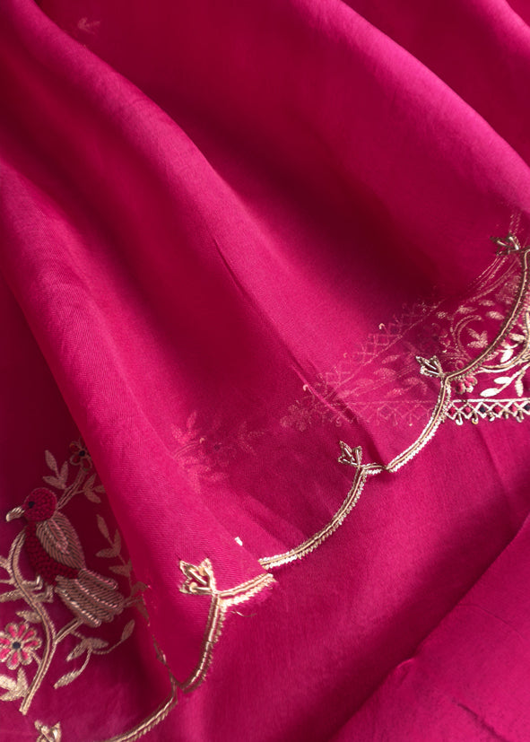 Mexican Pink Chidiya Organza Silk Suit Fabric With Dori, Dabka Hand Embroidery