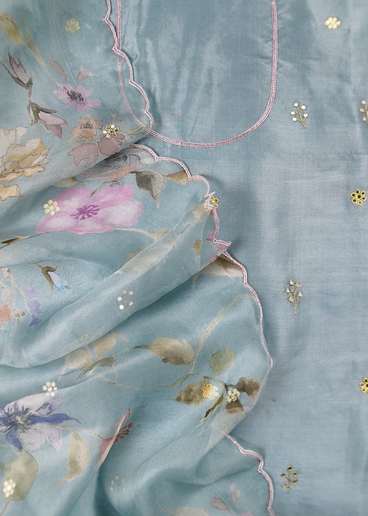 Blue Hand Embroidered organza Silk Suit With Gotta Patti Dupatta