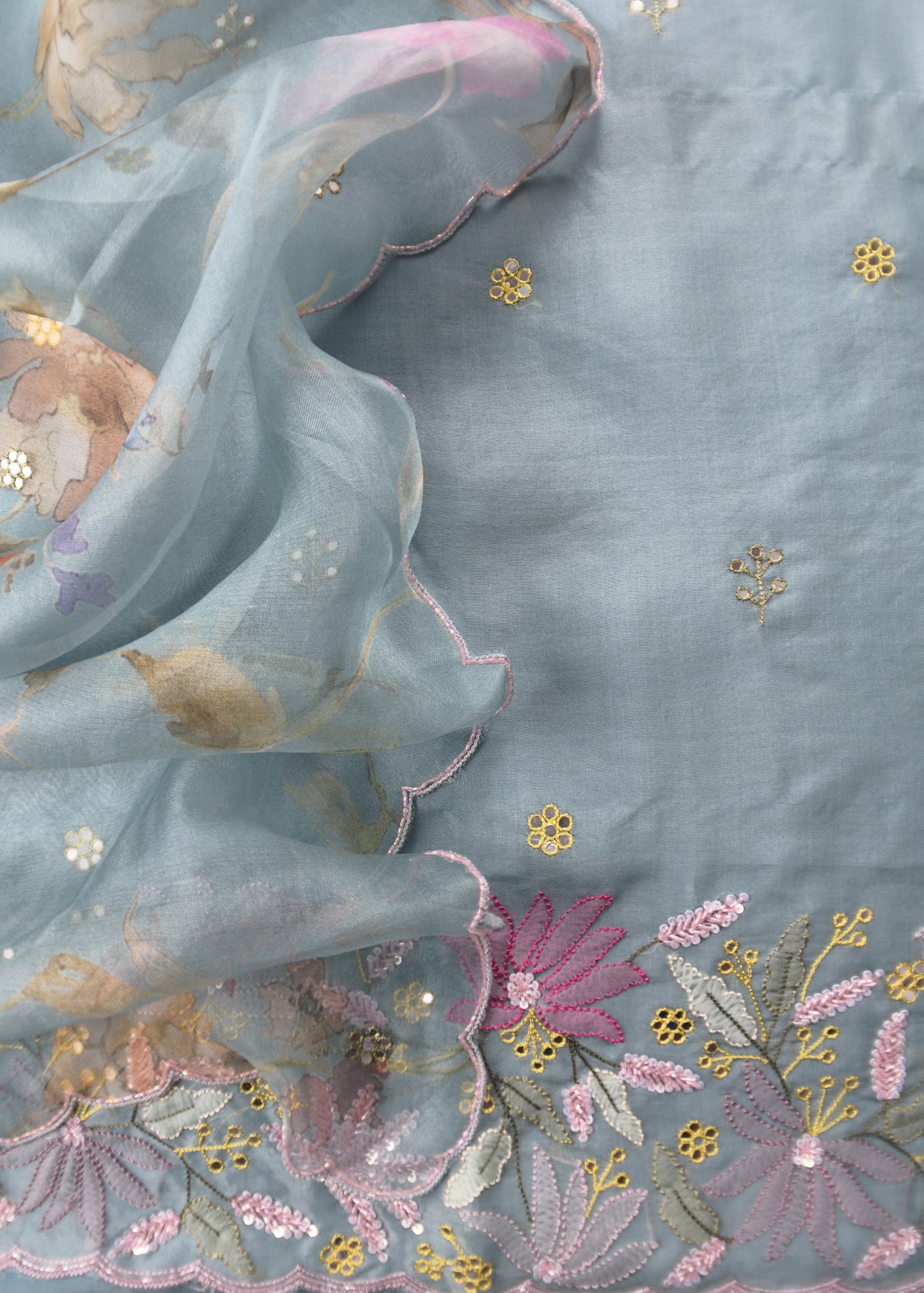Blue Hand Embroidered organza Silk Suit With Gotta Patti Dupatta