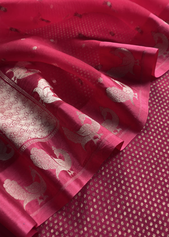Raspberry Red Handloom Brocade Woven Kurta and Peacock Handloom organza dupatta
