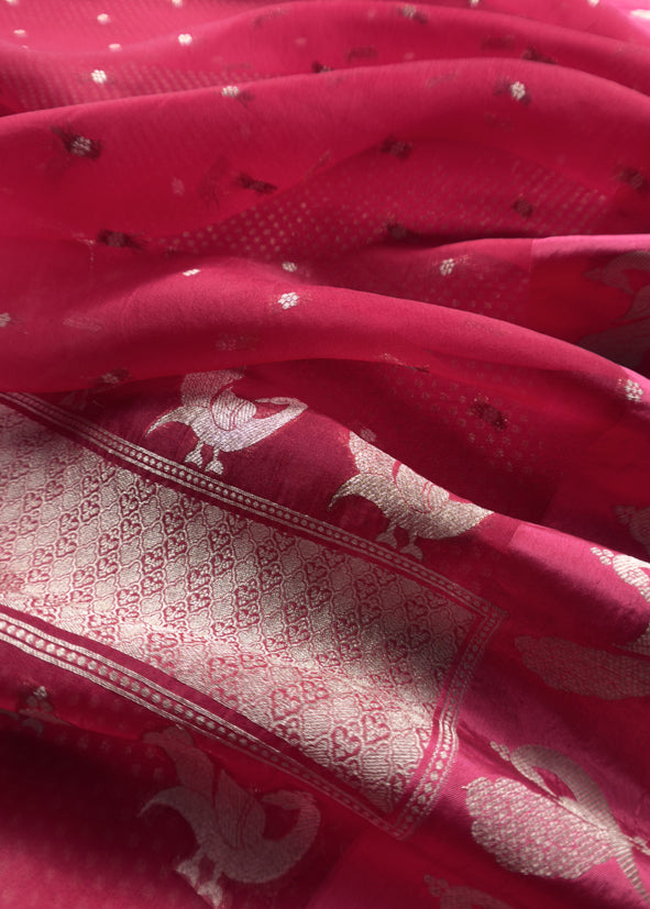 Raspberry Red Handloom Brocade Woven Kurta and Peacock Handloom organza dupatta