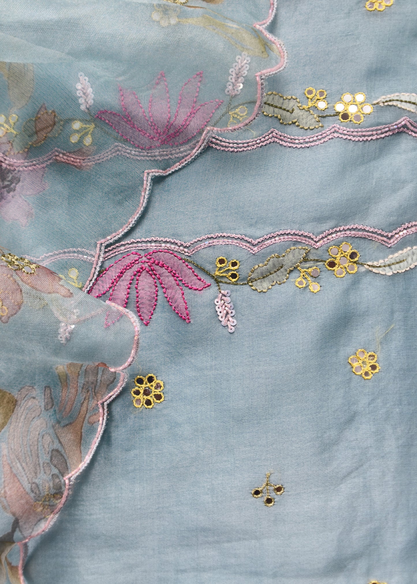 Blue Hand Embroidered organza Silk Suit With Gotta Patti Dupatta