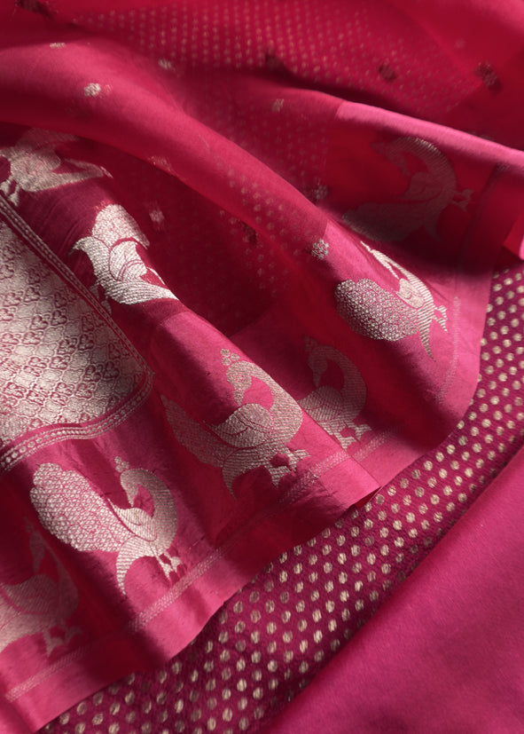 Raspberry Red Handloom Brocade Woven Kurta and Peacock Handloom organza dupatta