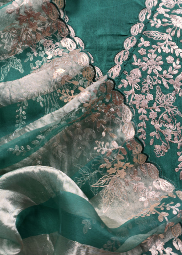 Green Silk Unstitched Suit With Pitta Work