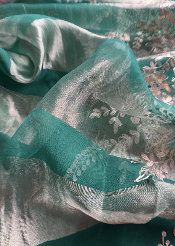 Green Silk Unstitched Suit With Pitta Work