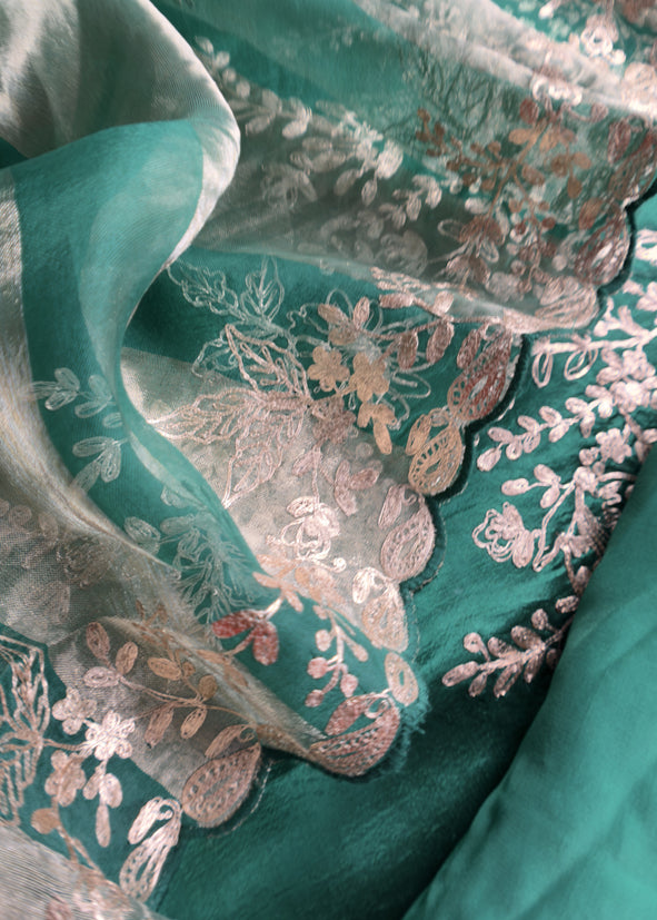 Green Silk Unstitched Suit With Pitta Work