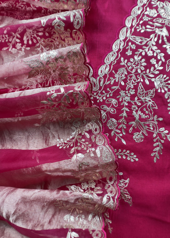 Rani Pink Silk Unstitched Suit With Pitta Work