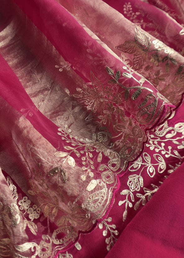 Rani Pink Silk Unstitched Suit With Pitta Work