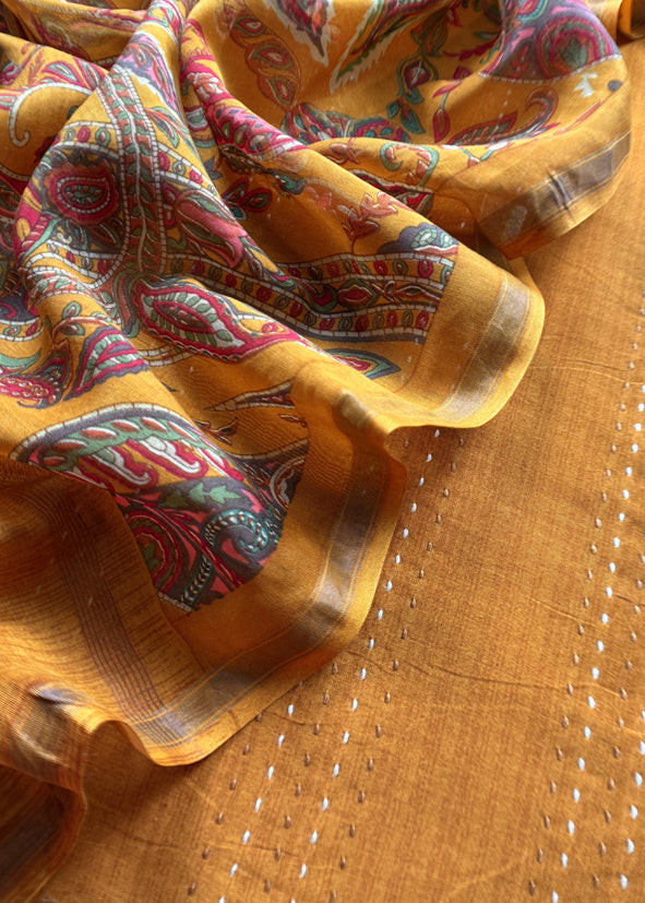 Yellow Maheshwari Silk Suit Fabric With Floral Dupatta And Kantha Stitch Hand Embroidery