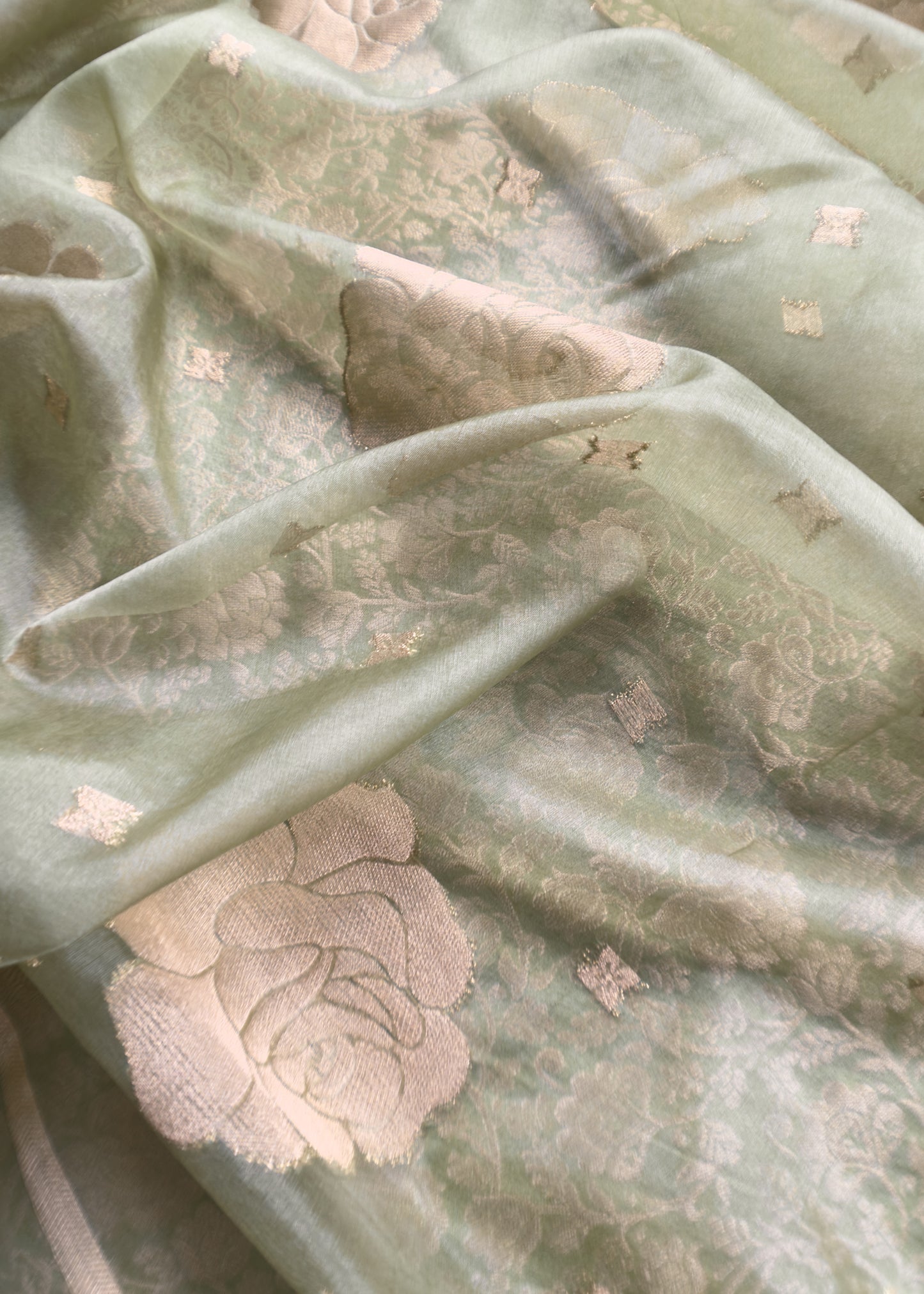 Green Banarasi Silk Brocade Suit With Organza Dupatta