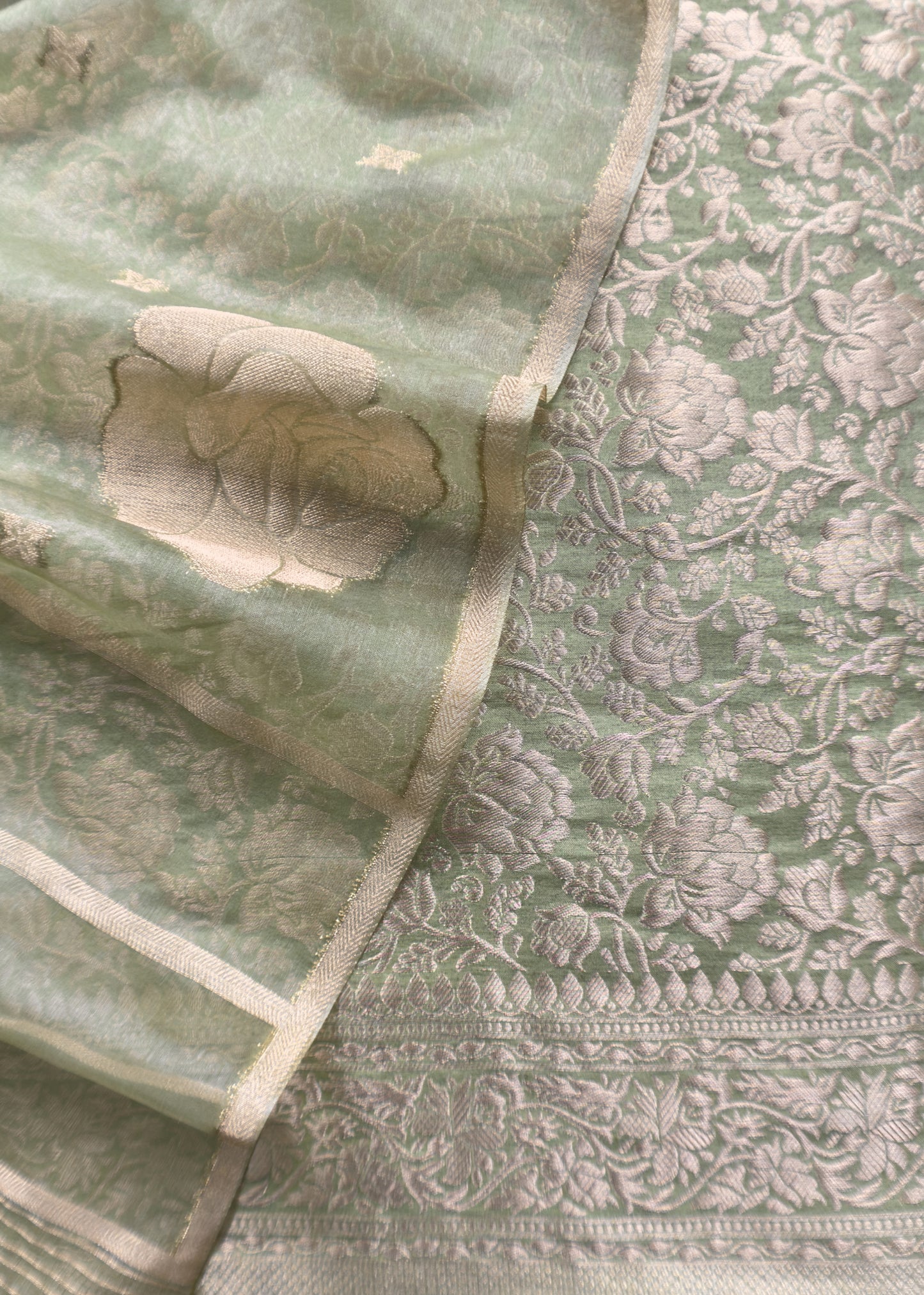 Green Banarasi Silk Brocade Suit With Organza Dupatta