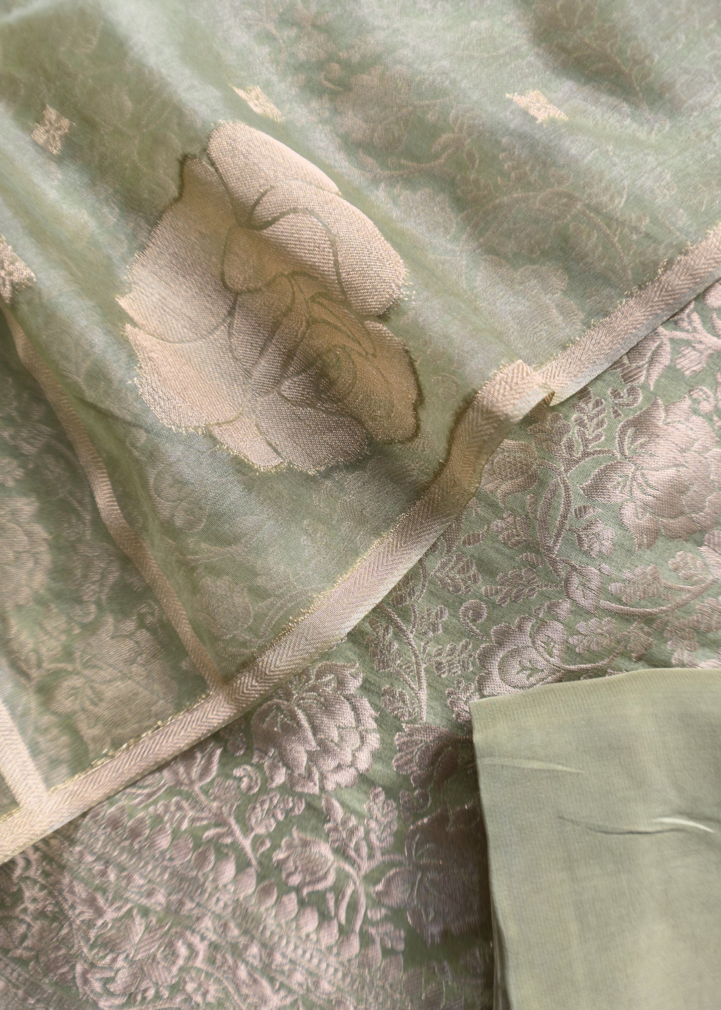 Green Banarasi Silk Brocade Suit With Organza Dupatta