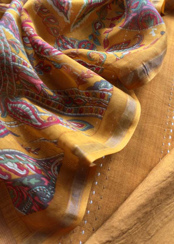 Yellow Maheshwari Silk Suit Fabric With Floral Dupatta And Kantha Stitch Hand Embroidery