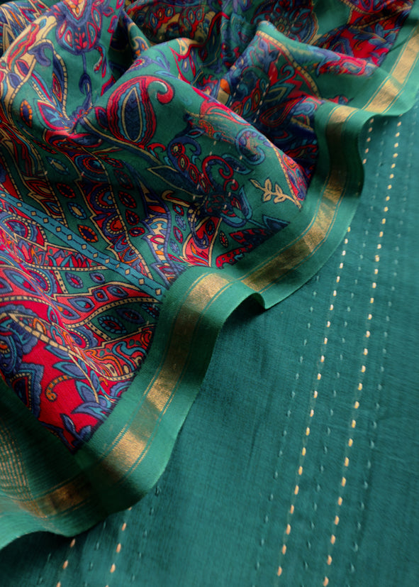 Teal Blue Maheshwari Silk Suit Fabric With Floral Dupatta And Kantha Stitch Hand Embroidery