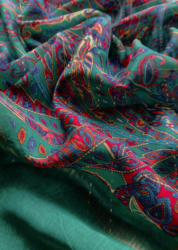 Teal Blue Maheshwari Silk Suit Fabric With Floral Dupatta And Kantha Stitch Hand Embroidery