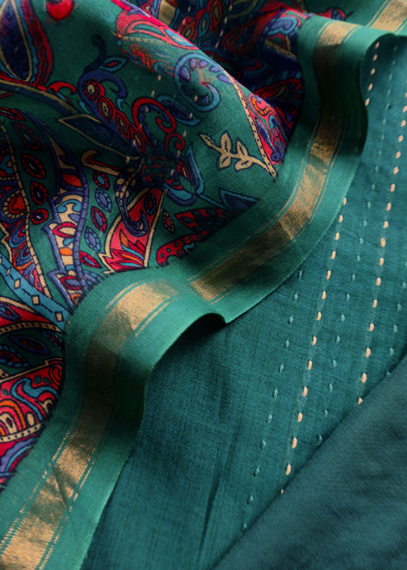 Teal Blue Maheshwari Silk Suit Fabric With Floral Dupatta And Kantha Stitch Hand Embroidery