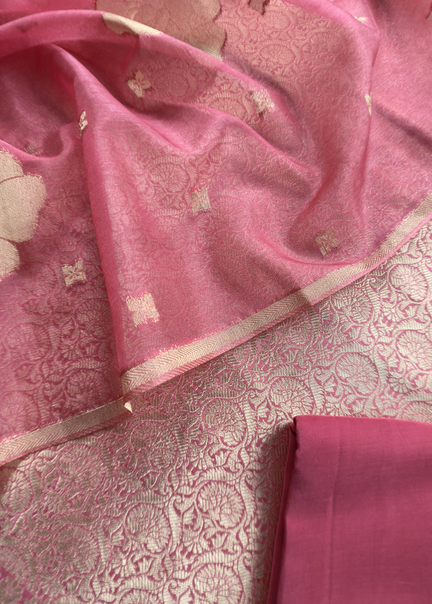 Light Pink Banarasi Silk Brocade Suit With Organza Dupatta