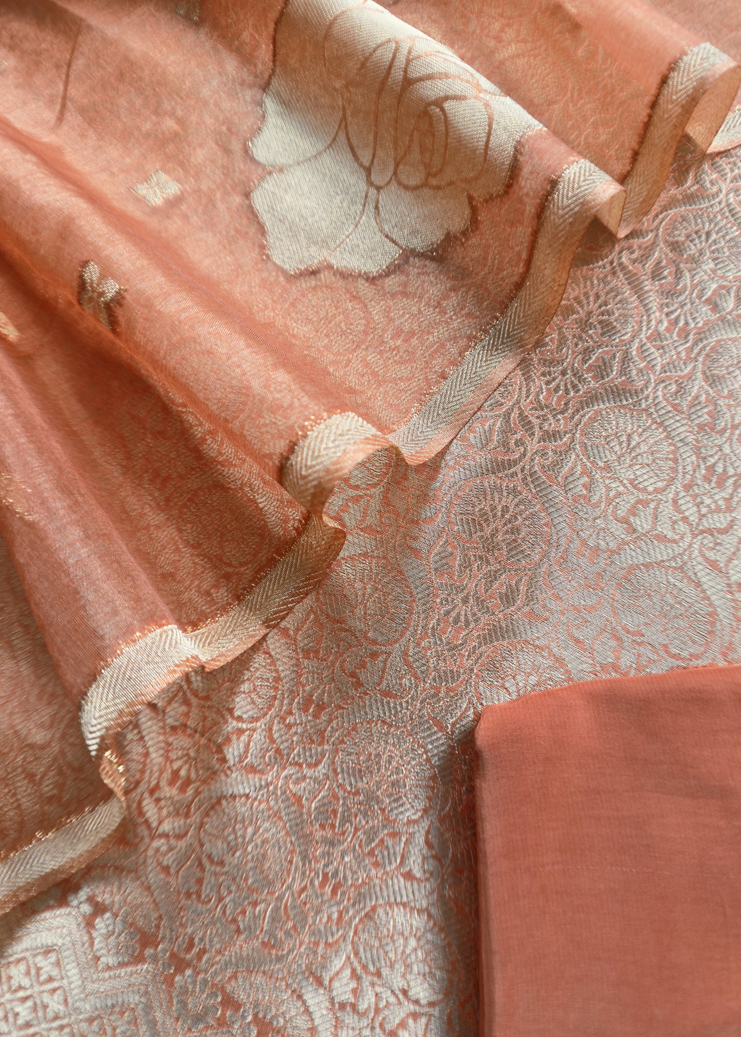 Orange Banarasi Silk Brocade Suit With Organza Dupatta