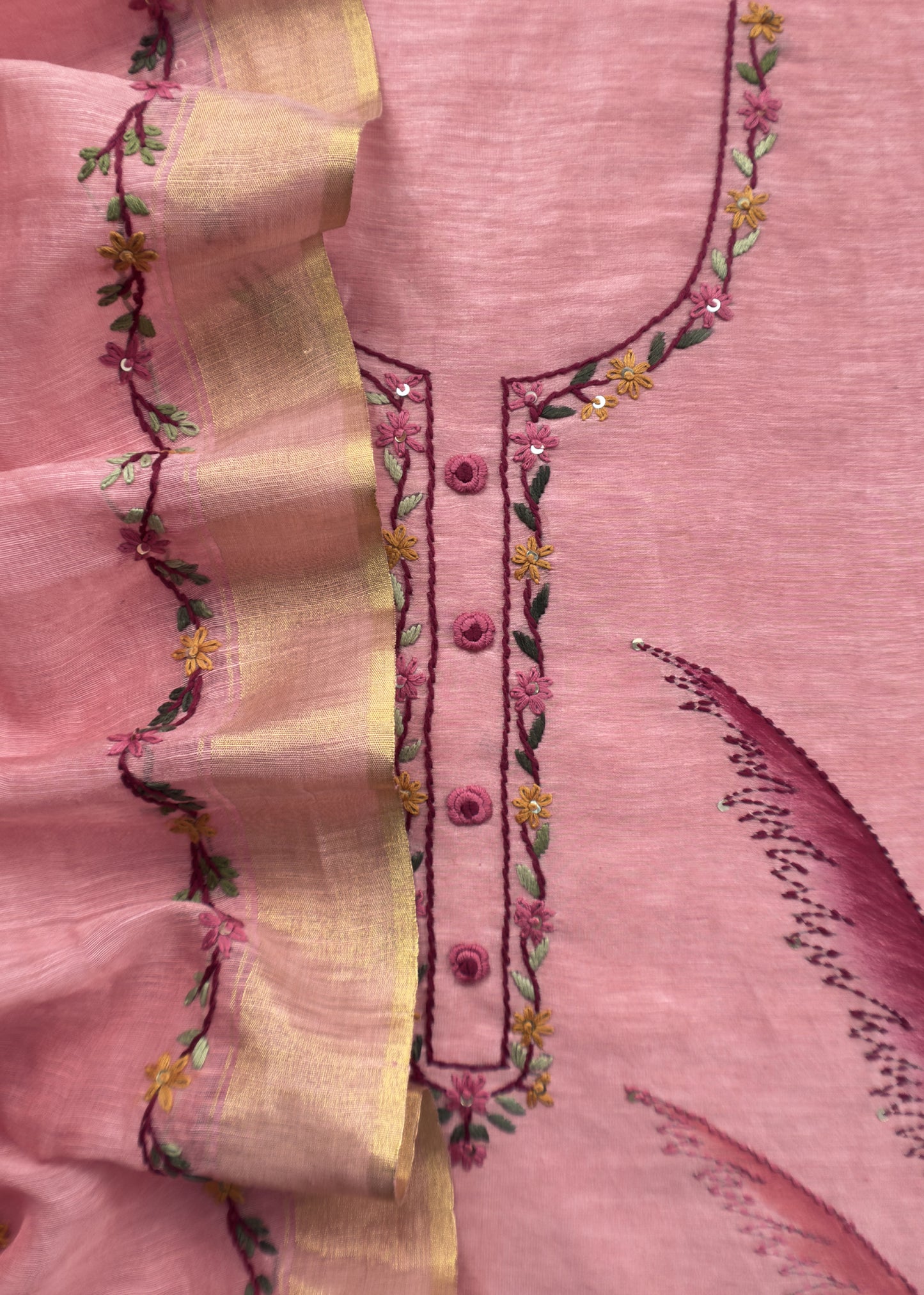 Taffy Pink Handloom Linen Silk Hand painted Suit Fabric with French knot and Kantha Handwork