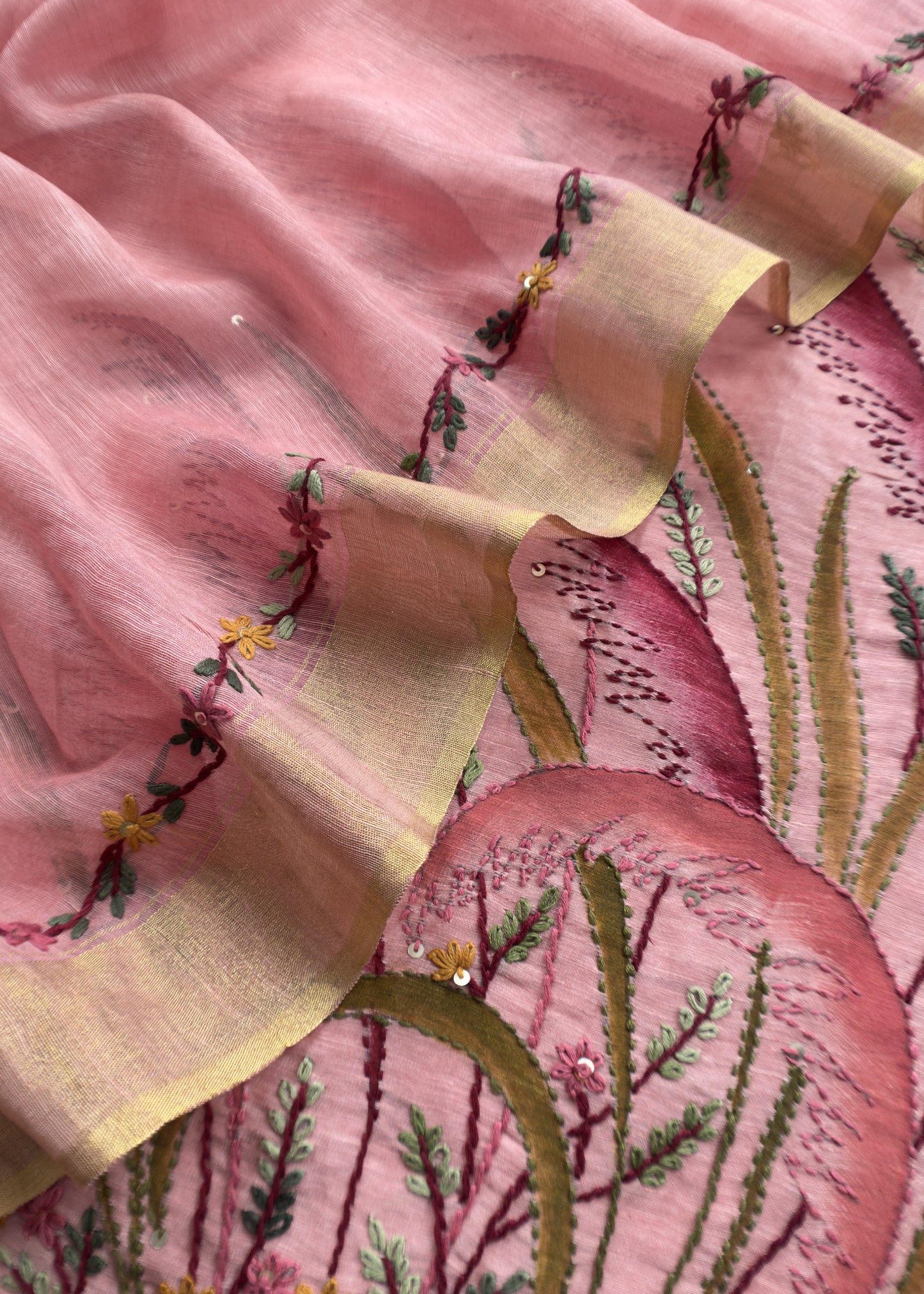 Taffy Pink Handloom Linen Silk Hand painted Suit Fabric with French knot and Kantha Handwork