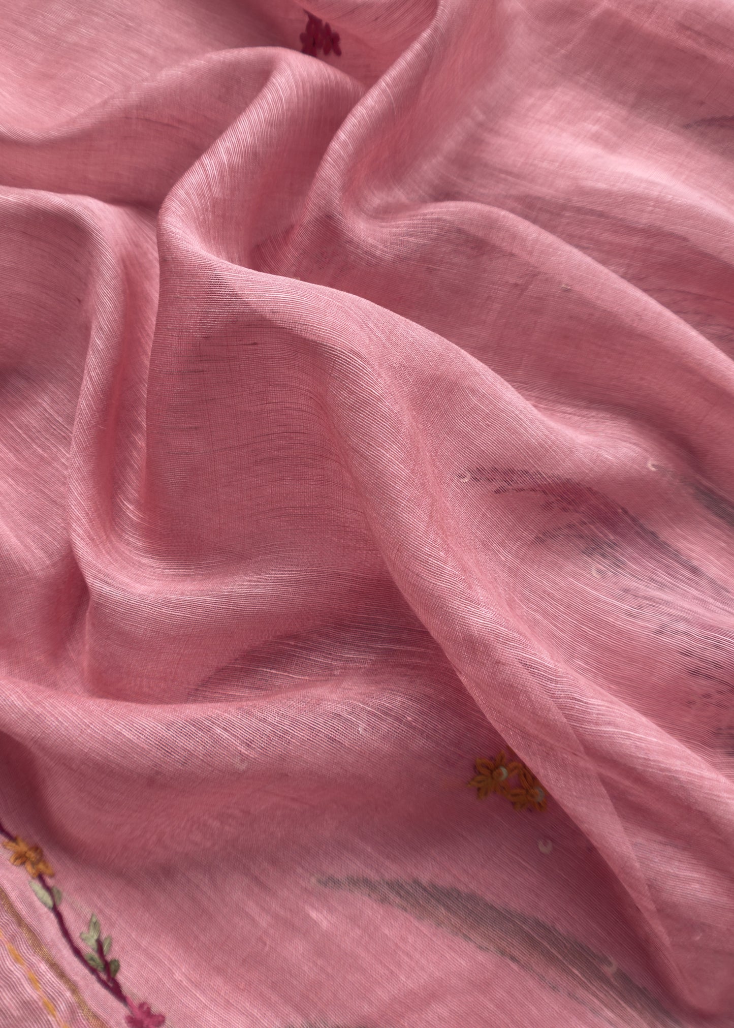 Taffy Pink Handloom Linen Silk Hand painted Suit Fabric with French knot and Kantha Handwork