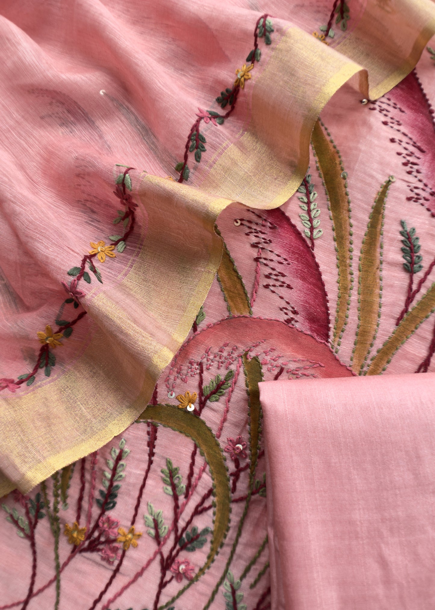 Taffy Pink Handloom Linen Silk Hand painted Suit Fabric with French knot and Kantha Handwork